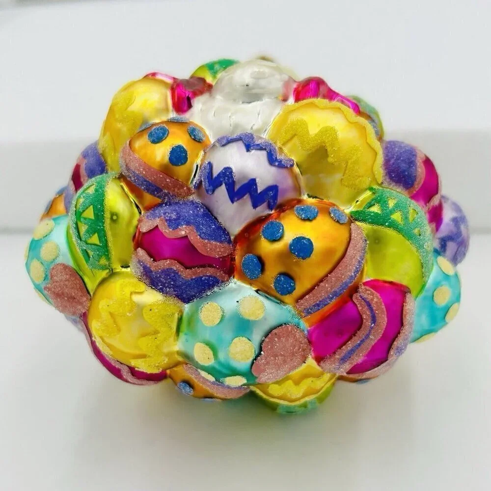 Vintage Christopher Radko Glass Ornament Hoppy Easter Bunny on Colorful Eggs 6x5